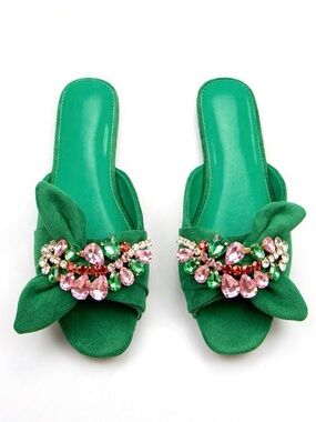 SHEIN Emerald Green Jeweled Bow Slide Mules